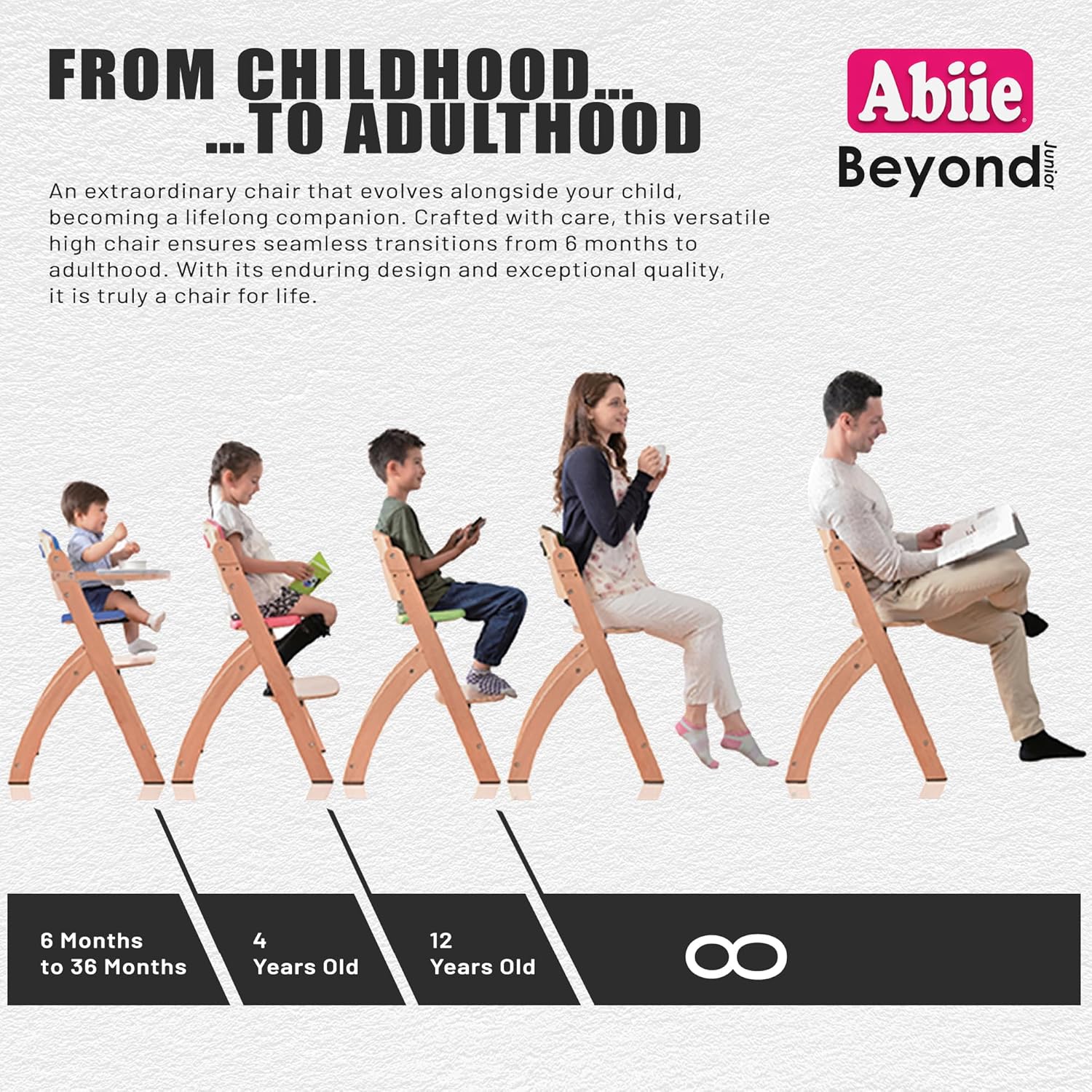 Abiie Beyond Junior Natural Wood/Blue Cushion Convertible 3-in-1 Wooden High Chairs for 6 Months to 250 lbs, and Ruby Wrapp Sage Green Waterproof Silicone Bibs with Front Pocket - Baby Essentials