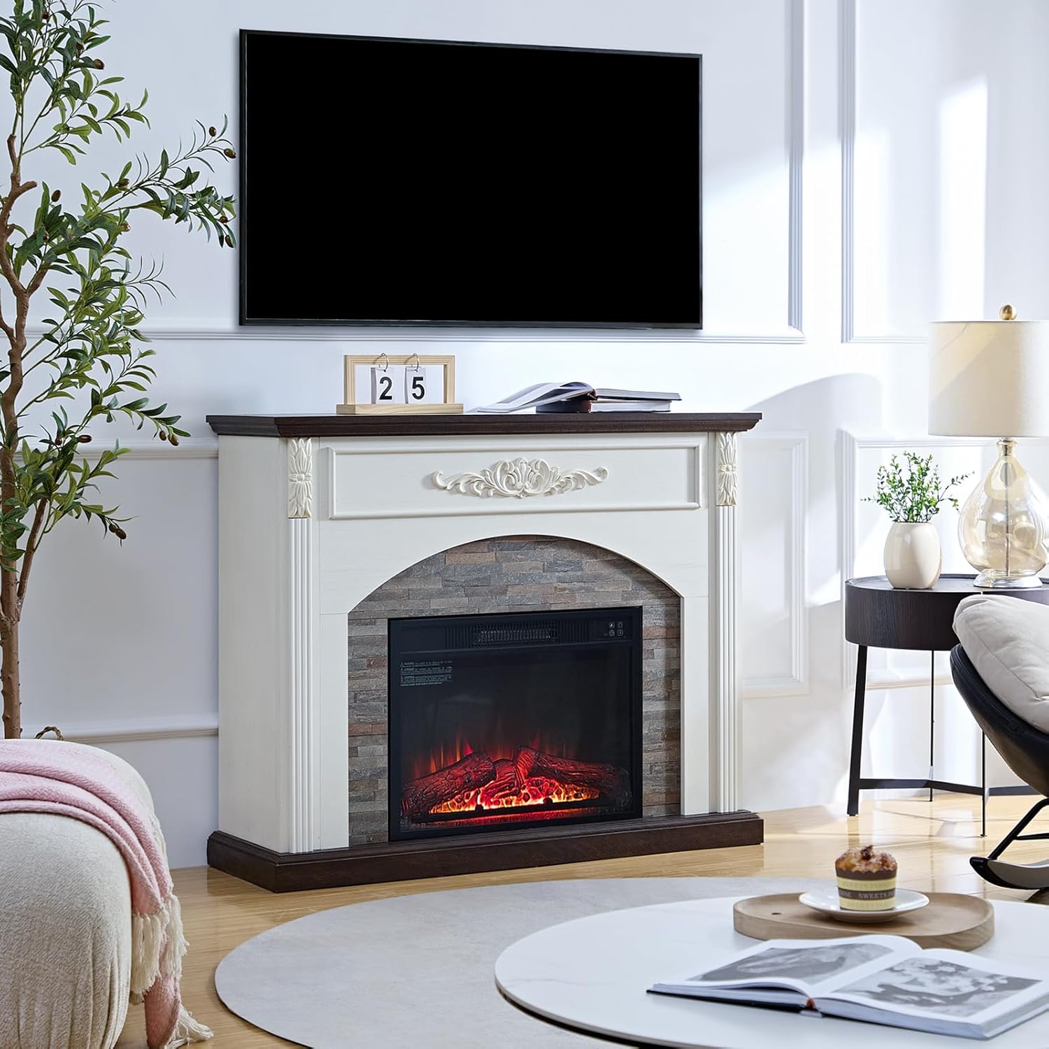 44 Inch Carved Pilasters Electric Fireplace with Mantel, Tall Fire Place Heater Freestanding, Realistic Stacked Stone Surround with Remote Control Timer LED Flame for Living Room, Bedroom