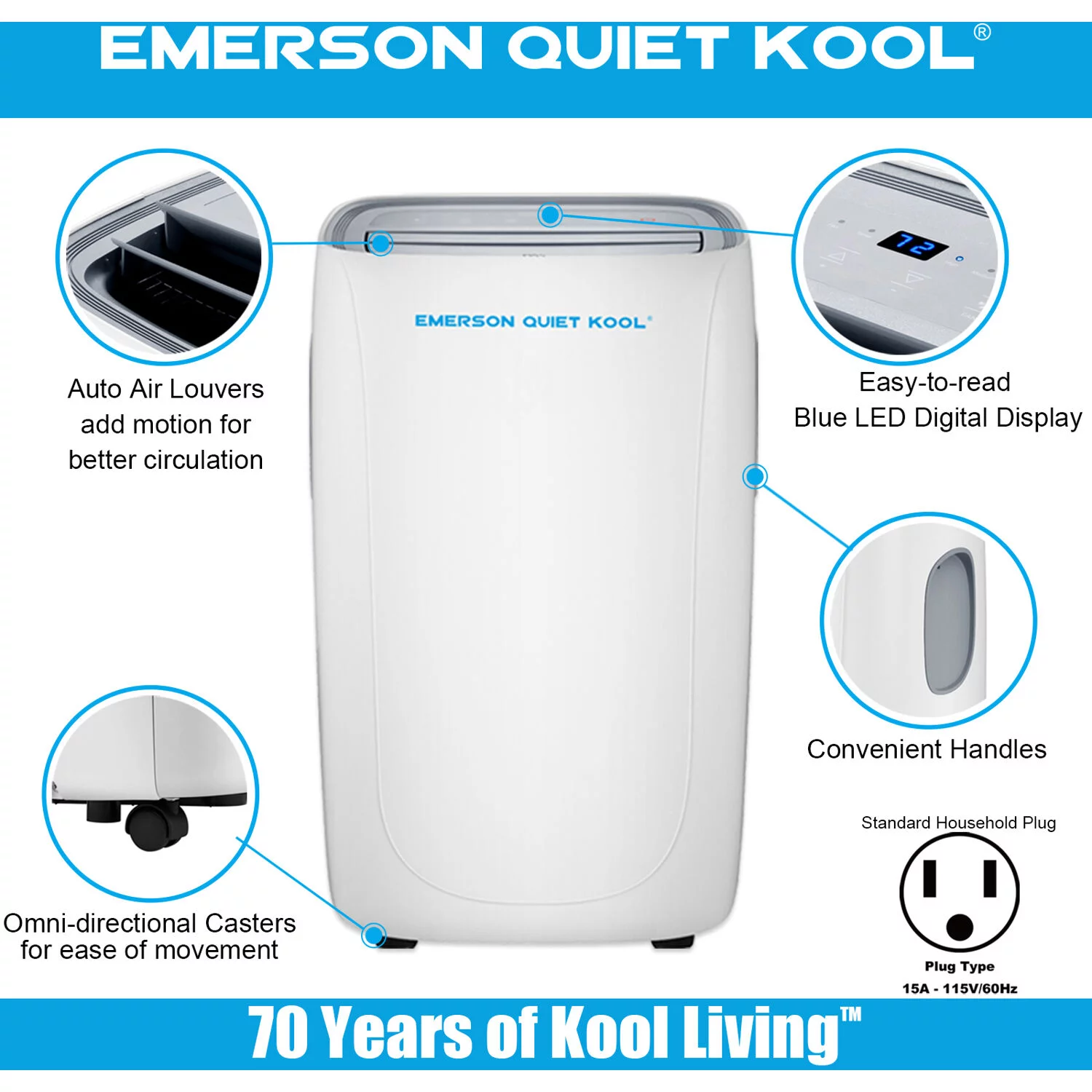 Emerson Quiet Kool 3 in 1 Portable Air Conditioner, Dehumidifier & Fan with Remote Control | for Rooms up to 350 Sq.Ft. | Digital Display | 24H-Timer | White | EAPC6RC1