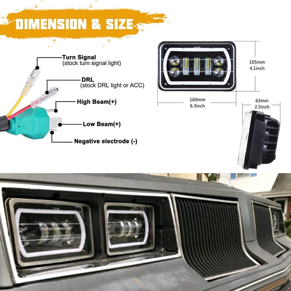 ROCCS PAIR 4x6 led Headlights with White/Amber Halo Sealed Beam For Trucks Chevro FD Freightliner Peterbil Kenworth Pick-up 4"x6" Replacement H4651 H4652 H4656 H4668 H6545 Pack of 2