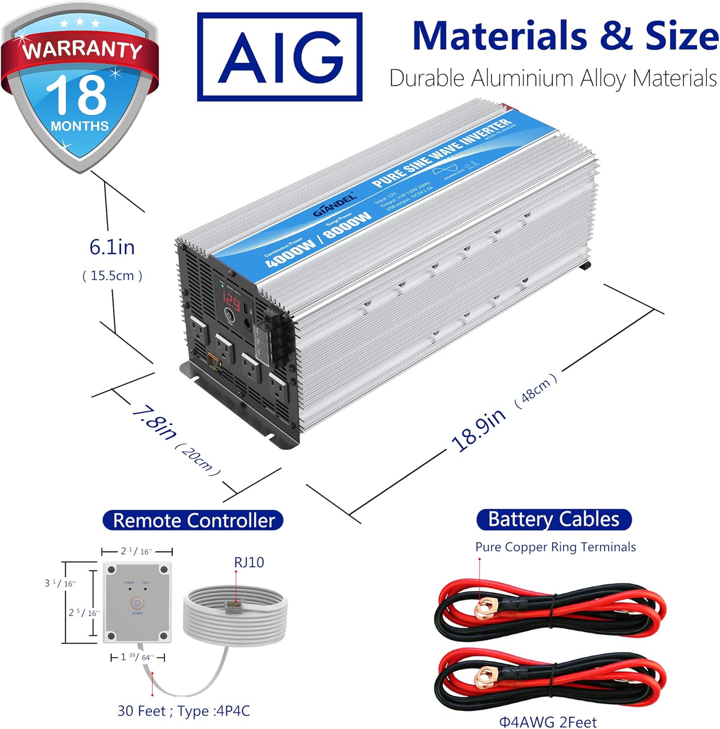 GIANDEL 2200W Pure Sine Wave Power Inverter 12V DC to 110V 120V AC with 20A Solar Charge Control and Remote Control&LED Display and Dual AC Outlets &1x2.4A USB Port for RV Truck Car Solar System