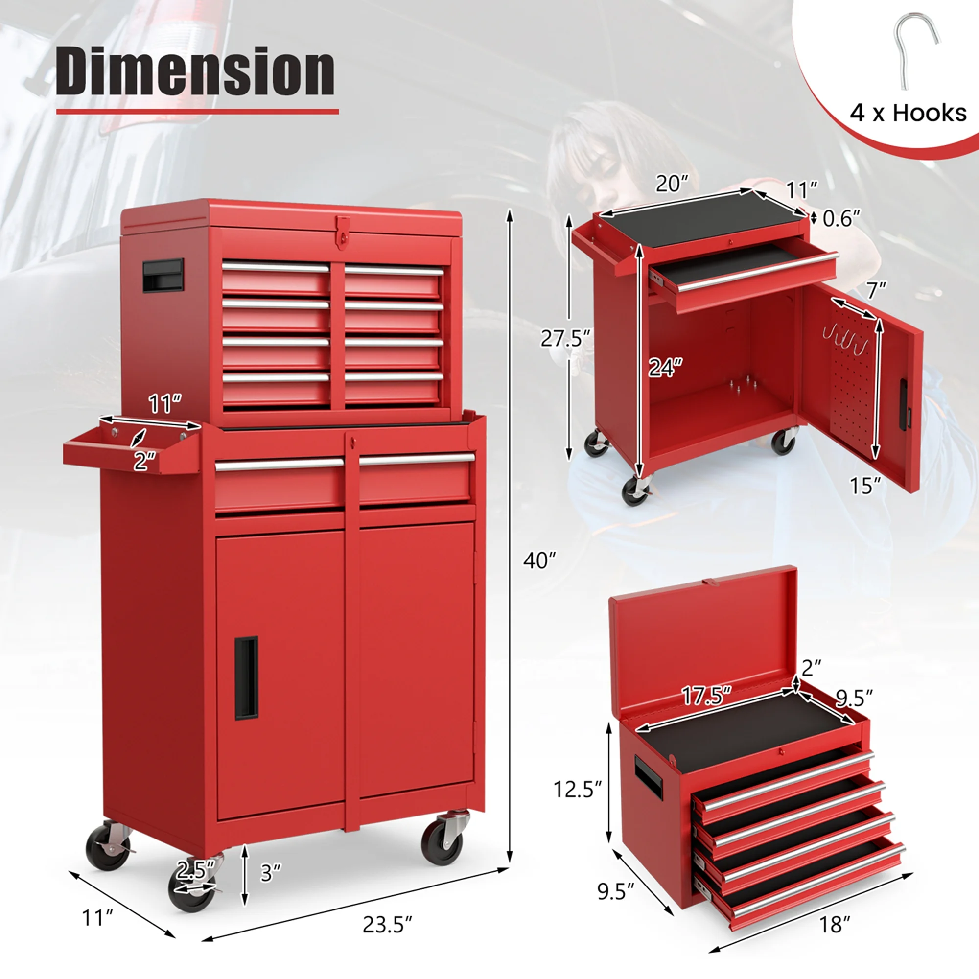 Costway 5-Drawer Rolling Tool Chest Cabinet Metal Tool Storage Box Lockable with Wheels Red