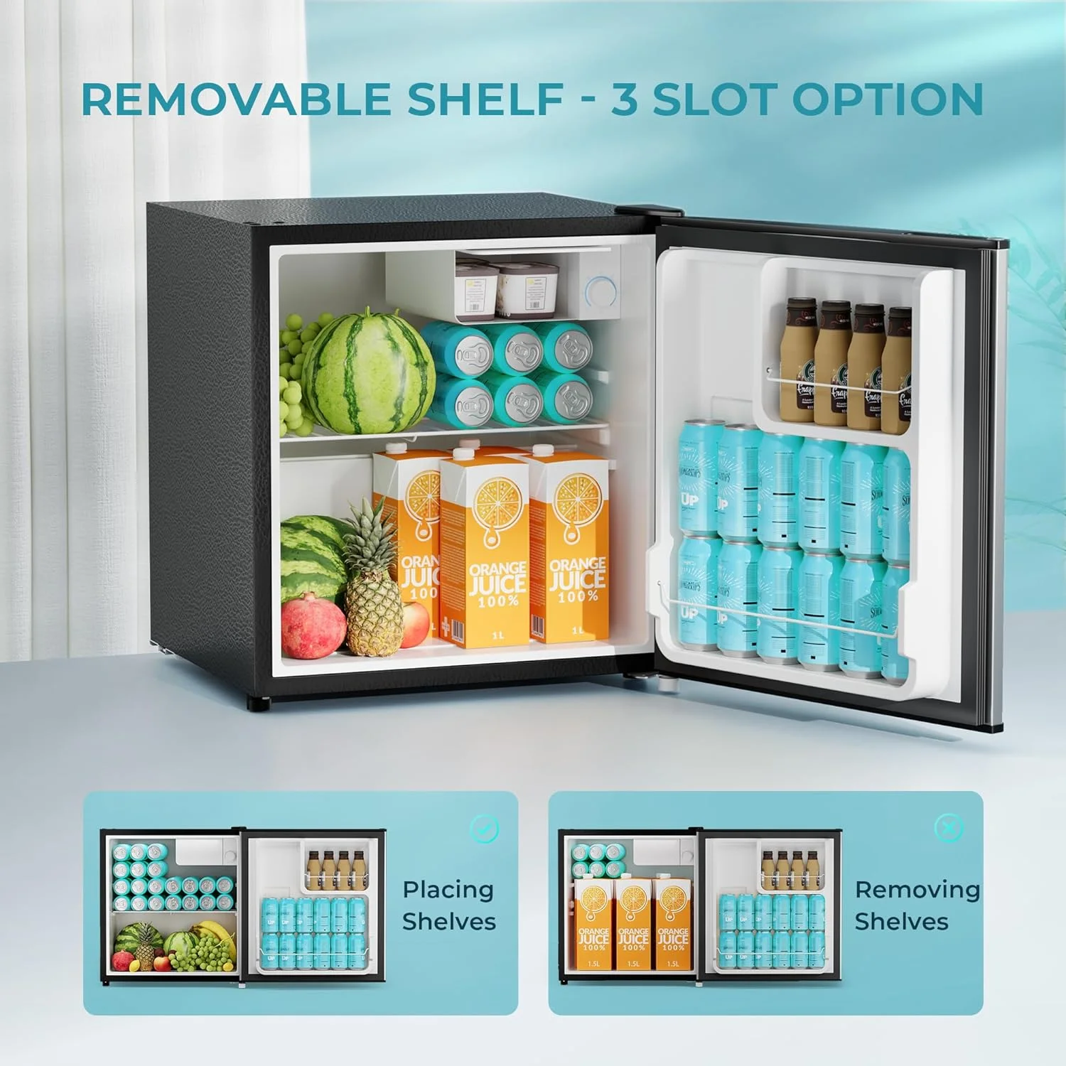 U-SHARE 1.7 Cu.Ft Mini Fridge with Freezer, Reversible Single Door Compact Refrigerator, Adjustable Thermostat, Energy Saving, Mini Fridge for Bedroom, Office, Dorm, Black.