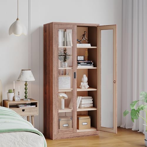 Glass Display Cabinet Liquor Cabinet with Lock,Tall Bookcase Metal Glass Storage Cabinet with 4 Adjustable Shelves,5-Tier Curio Cabinet for Home,Study,Living Room and Office (White)