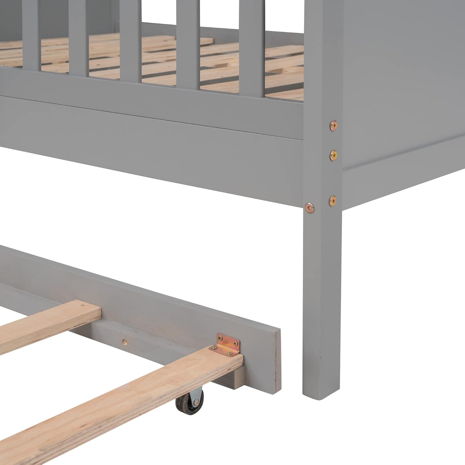 Petfu Double Bed Wood/Twin Bed, Ground Deck Bed/Cottage/Sofa Bed/Folding Roller Bed with Double Bed Castor, Double Bed Frame, with Safety Bar, for Children/Teenagers (Grey)