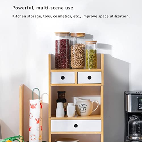 Bookcase Bamboo Desktop Bookshelf with Drawer Expandable Desk Organizer Multifunctional Display Shelf Rack for Office and Home High Capacity, 77*35cm