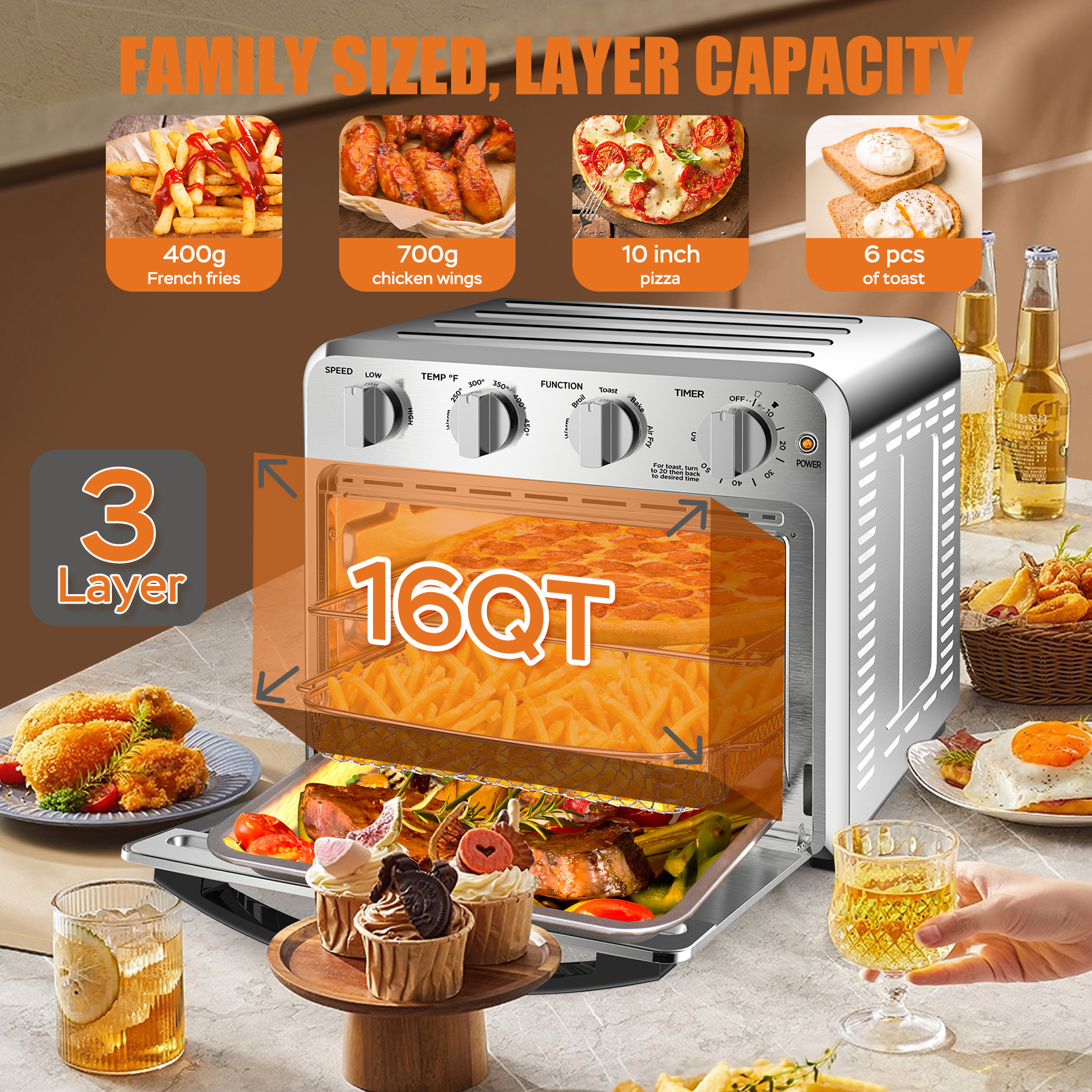 Air Fryer, 6 Slice 26QT/26L Air Fryer Fry Oil-Free, Extra Large Toaster Oven Combo, Air Fryer Oven, Roast, Bake, Broil, Reheat, Convection Countertop Oven, Accessories Included, Stainless St
