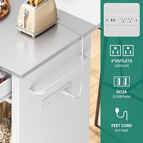 YITAHOME Kitchen Island with Stainless Steel Top & Drop Leaf, 47 Inch Kitchen Island on Wheels with Power Outlet, Rolling Portable Mobile Kitchen Cart w Storage Drawer Cabinet Counter Metal Top, White