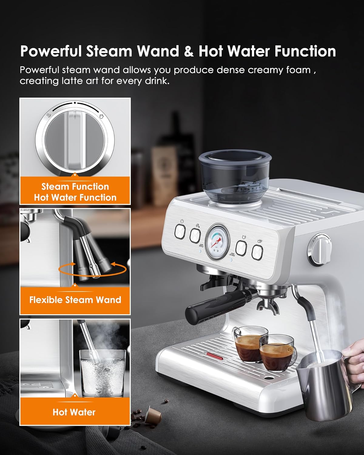 Joy Pebble Espresso Machine,15 Bar Professional Espresso Maker with Coffee Bean Grinder Milk Frother,Coffee Machine for Espresso/Cappuccino/Latte,Single & Double Cup,Stainless Steel