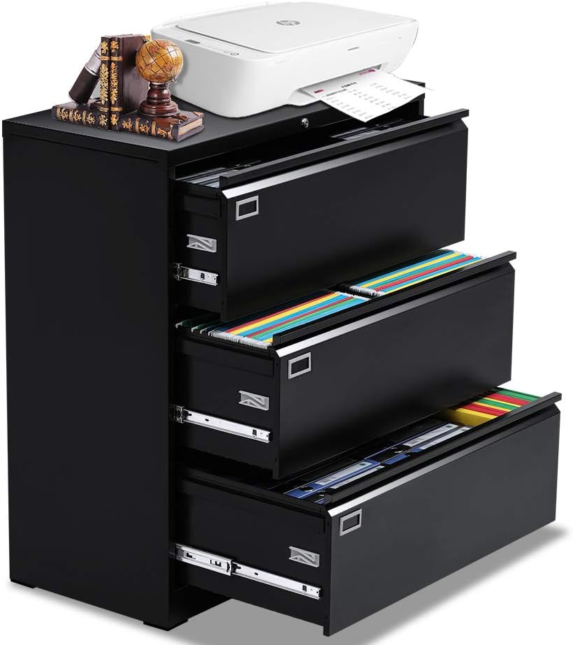 Black 3 Drawer Lateral File Cabinet with Lock, Locking Metal lateral Filing Cabinet for Office Steel lateral File Cabinet, Large Horizontal File Cabinet Locked by Keys