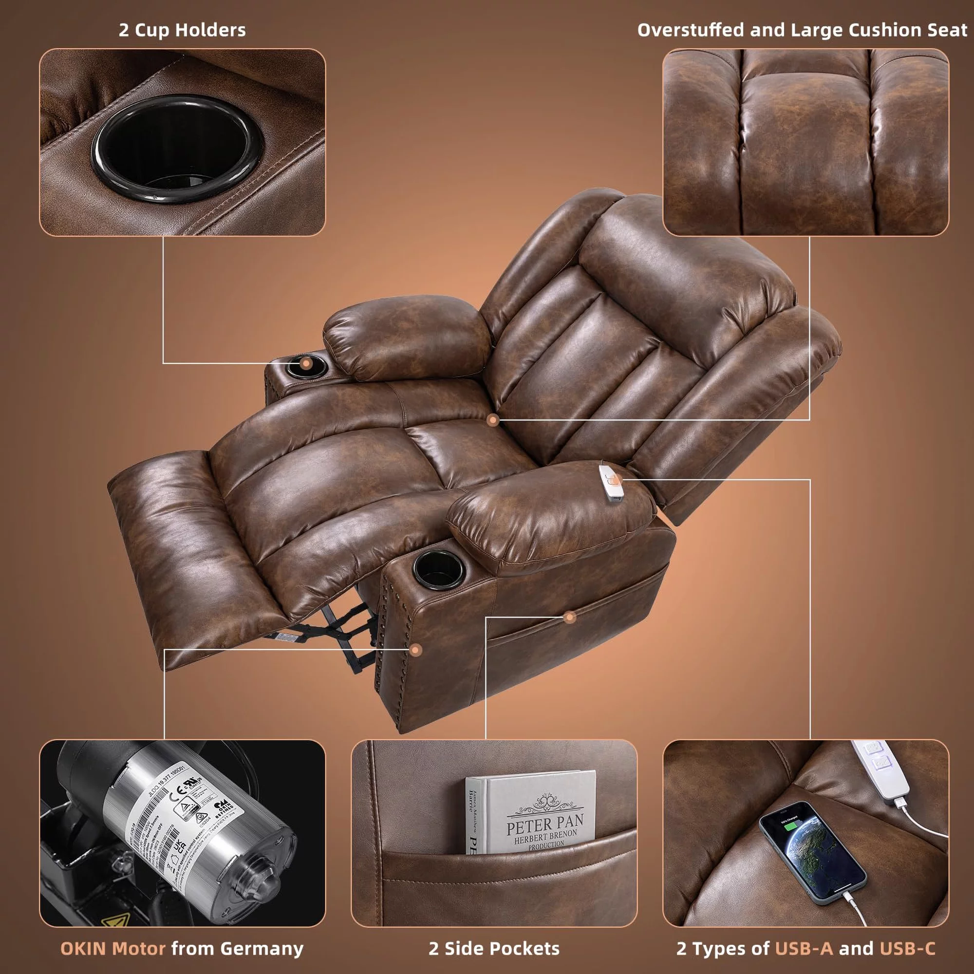 SONORO KATE Large Power Lift Recliner for Elderly with Massage and Heat, 41" Wide Breathable Leather Chair, Brown