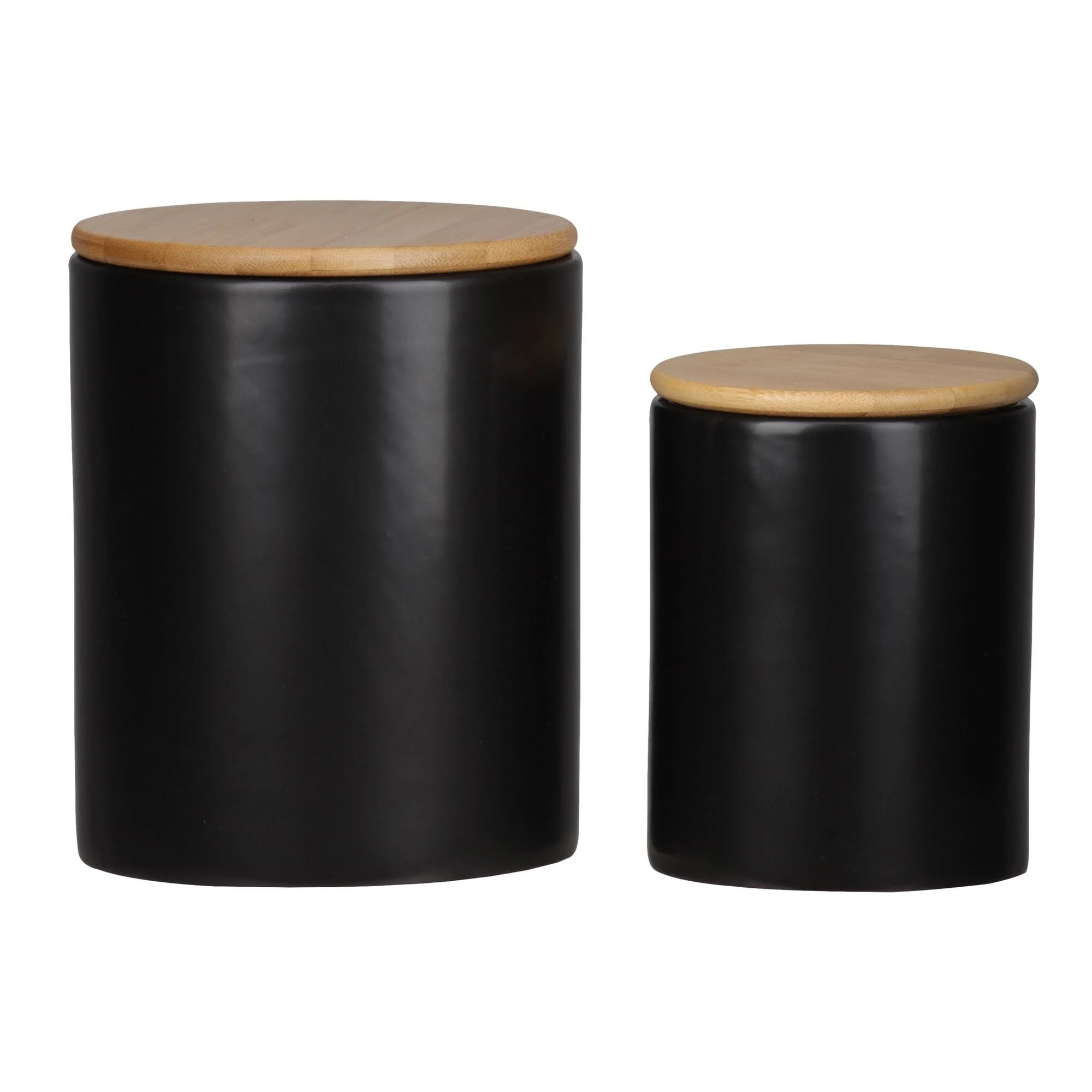 Benjara Bm219169 Dual Tone Round Ceramic Canister with Wooden Lid, Set of 2, Black and Brown