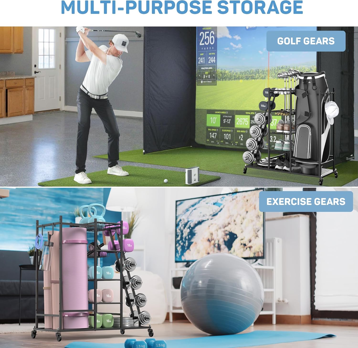 PLKOW Weight Rack for Dumbbells, Home Gym Storage for Dumbbells Yoga Mat Kettlebells and Gym Equipment, Golf Bag Stand and Dumbbell Rack for Garage Home Gym