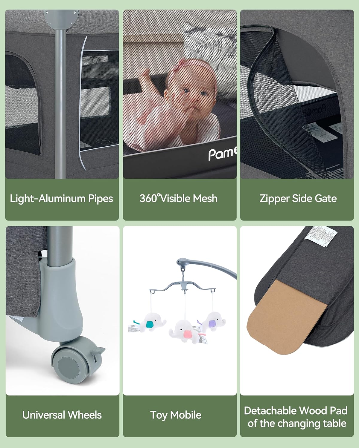 Pamo Babe 4 in 1 Deluxe Nursery Center, Magic Fold Portable Baby Playard with Zipper Gate, Foldable Baby Yard with Changing Table, Detachable Baby Bassinet