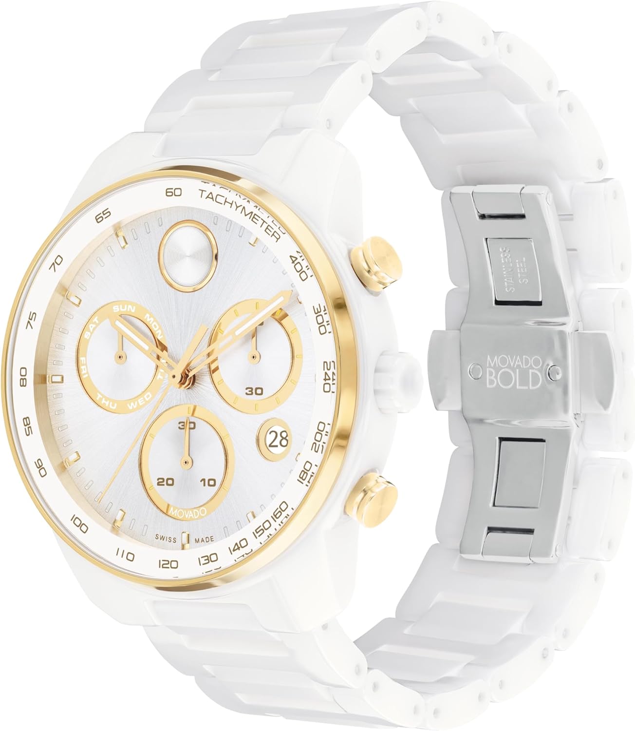 Movado Bold Verso Men's Sport Watch - Swiss Quartz Chronograph Movement, Ceramic Link Bracelet - 5 ATM Water Resistance - Luxury Fashion Timepiece for Him - 44mm