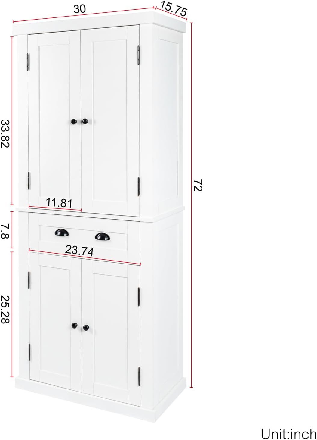 72" Kitchen Pantry Storage Cabinet, Traditional Freestanding Cupboard with 4 Doors and Adjustable Shelves, Large Central Drawer, Dining Room Storage Cabinet, White