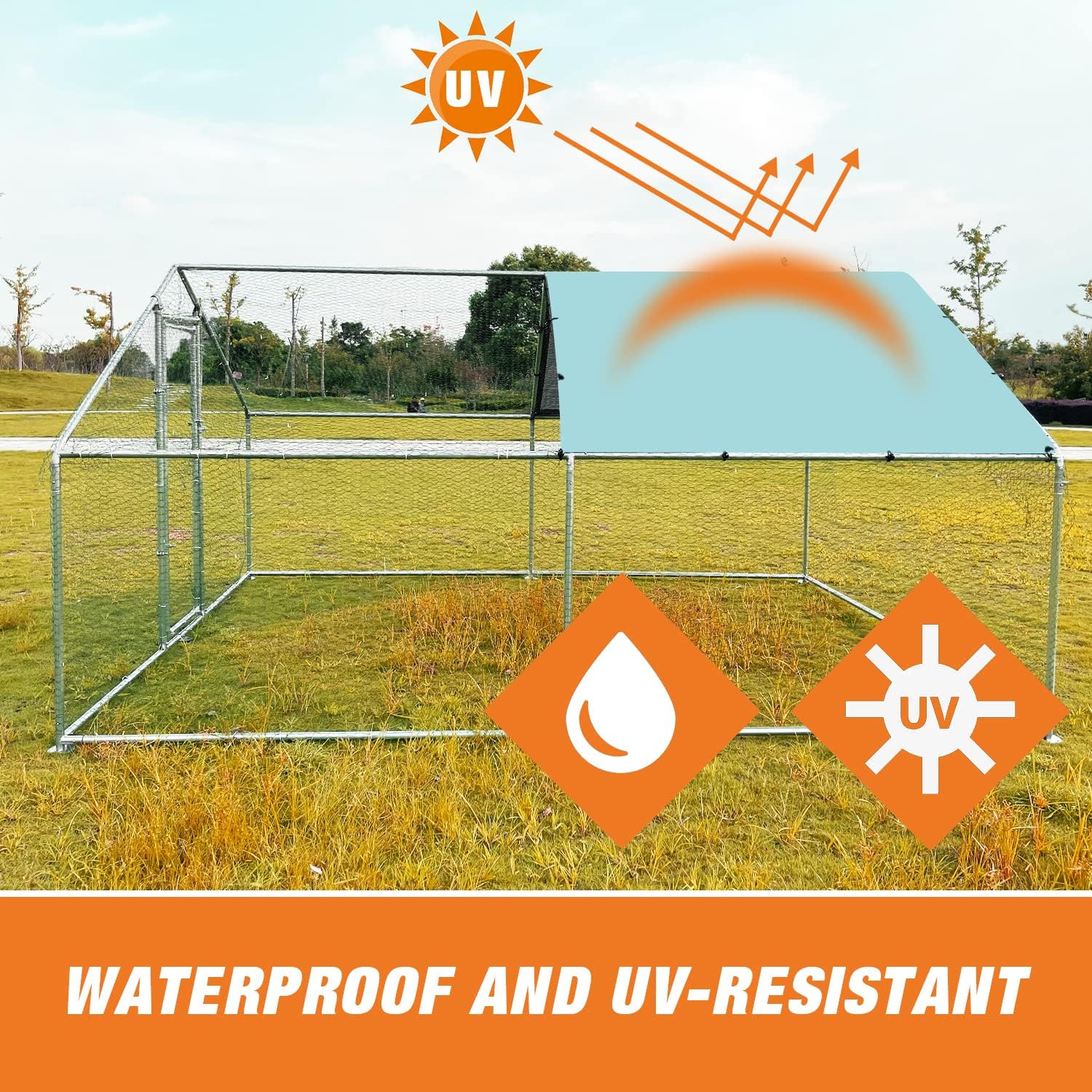 Large Metal Chicken Coop Walk-in Poultry Cage Chicken Run Duck House Chicken Pen with Waterproof and Anti-Ultraviolet Cover for Outdoor Yard Farm(9.8' L x 13.1' W x 6.4' H)