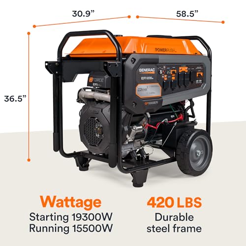 Generac 8,000-Watt Gas-Powered Portable Generator - Electric Start with COsense - PowerRush Advanced Technology - Reliable Power for Emergencies, Recreation, Home - 49 State Compliant - Orange/Black