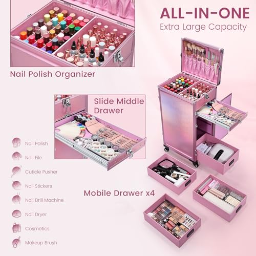 Joligrace Rolling Manicure Table Makeup Case Foldable Nail Desk 5 Drawers Cosmetology Case on Wheels with Brush Pouch for Technician Workstation Mobile Makeup Artist Trolley, Black
