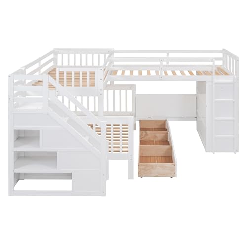 Harper & Bright Designs L-Shape Triple Bunk Beds with Stairs, Desk,Wardrobe, Wood Twin-Over-Full Bunk Bed with Storage, Shelves and Drawers, 3 Beds Bunk Bed with Staircase for Kids Teens, Espresso