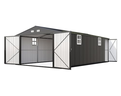 AMERLIFE 13.2x21x8 FT Outdoor Metal Garage Shed, Extra Large Storage Shed with Double Hinged Doors, 4 Windows, Carport for Car, Truck, Motorcycle and Lawn Equipment, Dark Grey