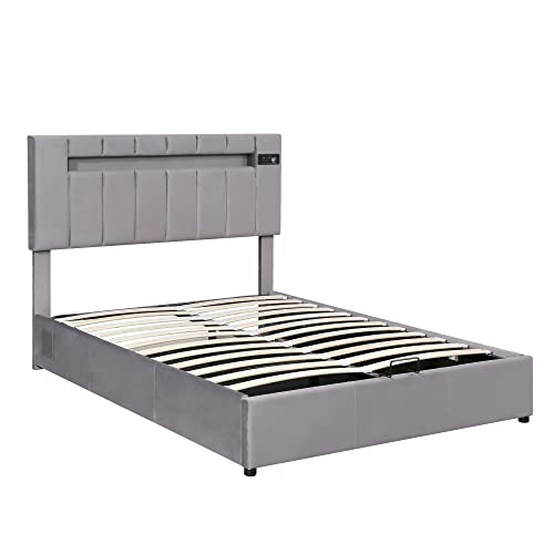 Lift Up Storage Bed Queen, Upholstered Queen Bed Frame with LED Light, Bluetooth Player and USB Charging,Velvet Fabric Platform Bed Frame for Teens Adults, No Box Spring Needed(Grey)