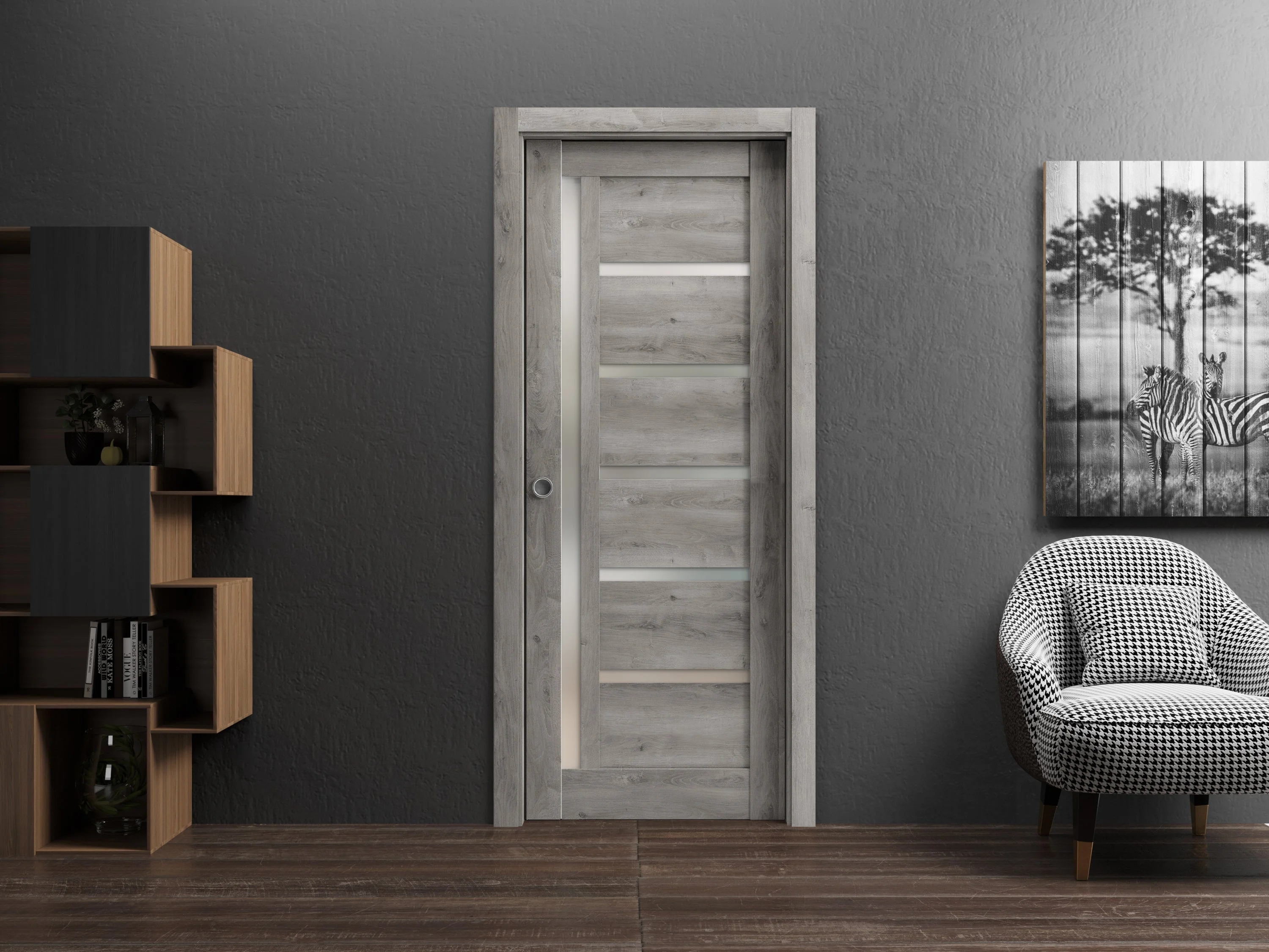 Sliding French Pocket Door 32 x 80 inches | Quadro 4088 Nebraska Grey with Frosted Glass | Kit Trims Rail Hardware | Solid Wood Interior Bedroom Sturdy Doors