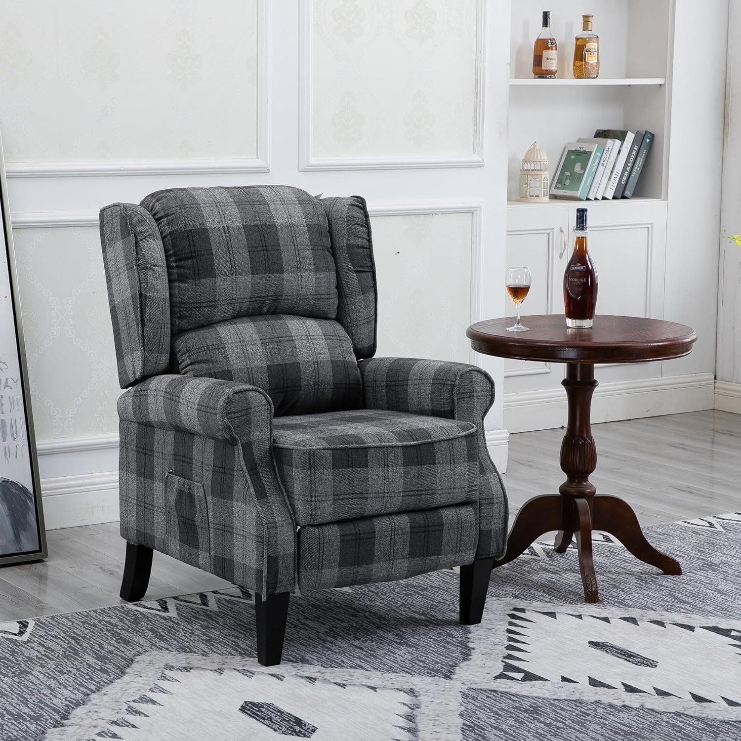Modern Comfortable Upholstered Leisure Chair Multifunctional Recliner Chair Single Sofa with Footrest Small Recliner Chair for Small Spaces,Grey Check