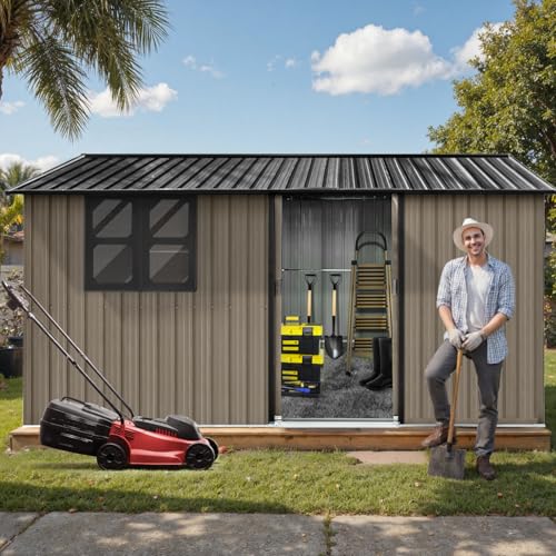 10' x 8' Large Outdoor Storage Shed, Sturdy Metal Building w/Windows & Lockable Doors for Garden, Backyard, Poolside and Lawn, Grey