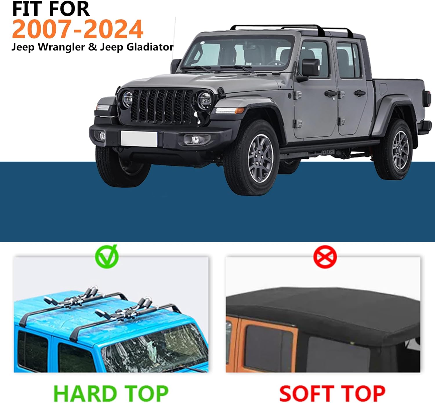Roof Rack Cross Bars for 2020-2023 Jeep Gladiator and Jeep Wrangler 2007-2023(ONLY FIT Hard Roof Top), Heavy Duty Aluminum Roof Rack for Kayak Cargo Carriers Luggage(Max Loading 260lbs)