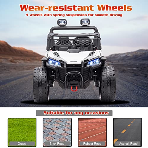 4X4 2 Seater Ride on Truck, 24V Battery Powered Ride on Car with Remote Control, Ride on UTV with EVA Tire/LED Lights, MP3, Horn, Music, Ride on Car for Kids, White