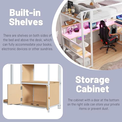 Full Size Loft Bed with Desk and Stairs,Metal Gaming Loft Bed Full with Wardrobe and Shelf, High Loft Bed with LED & USB Charging Station for Teens, Adults, Space Saving Design,Black