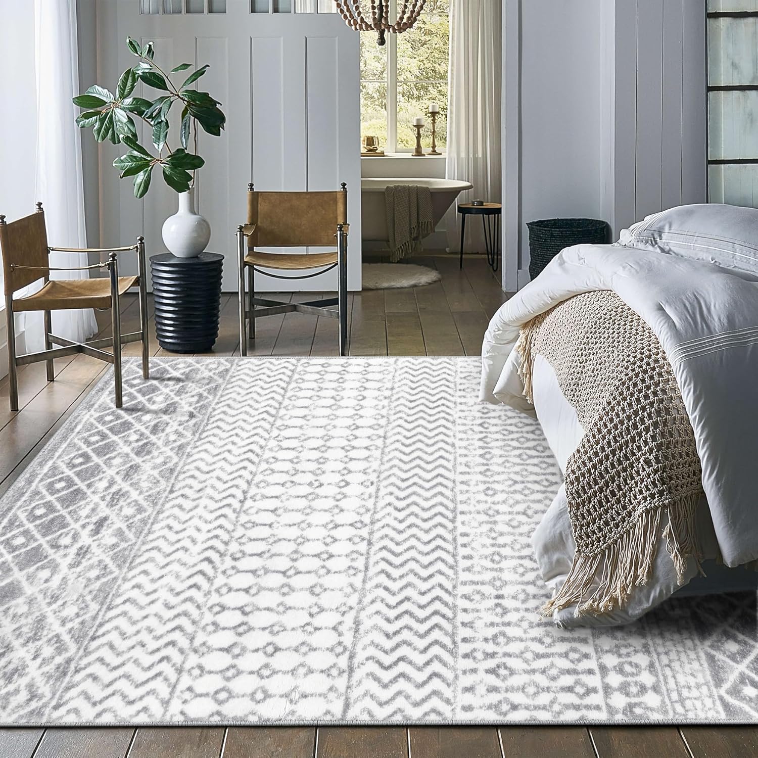 Moroccan Area Rug 8x10, Soft Non-Slip Living Room Large Rug, Low-Pile Washable Distressed Farmhouse Rug Indoor Floor Carpet for Bedroom Under Dining Table Home Office