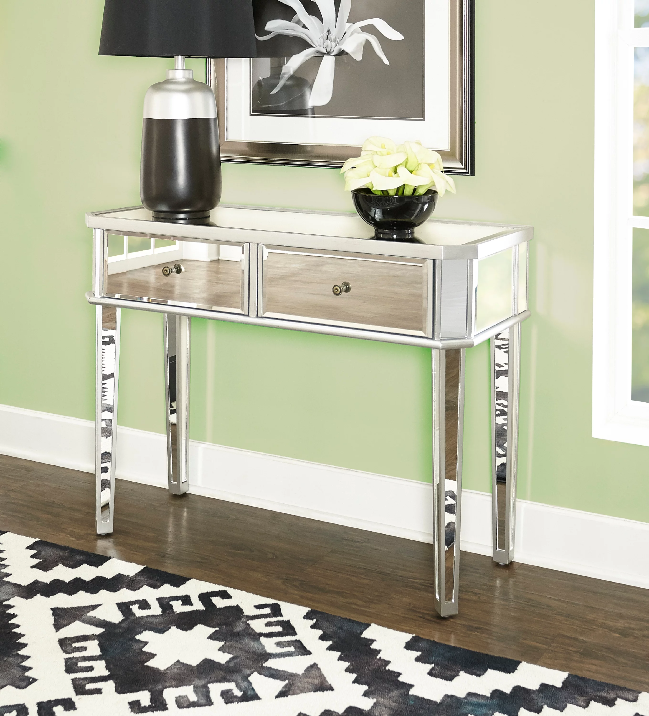 Powell Deville 2-Drawer Indoor Console Table, Mirrored Surfaces and Luxe Silver Wood