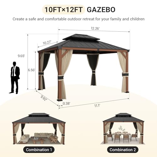 Hardtop Gazebo 10x12, Wooden Finish Outdoor Gazebo with Galvanized Steel Double Roof, Aluminum Frame Pergola for Patio Lawn, Backyard, Deck, Curtains and Netting Included, Grey