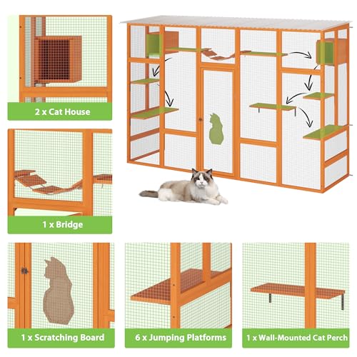 COZIWOW Catio Outdoor Cat Enclosure Window Catios for Indoor Cats Outside Patio Wooden Cattery with Large Door, Walks, Waterproof Roof, Resting Box, 104" L Extra Wide, Orange