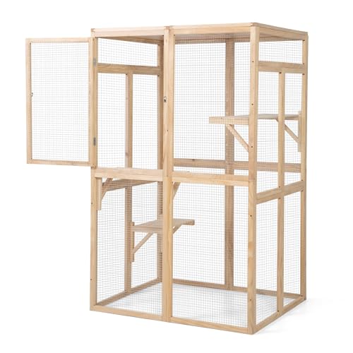 ISDAY Extra Large Outdoor Cat House Wooden Cat Cage Waterproof Roof Catio Outdoor Cat Enclosure - Cat Play & Run Enclosures Cat Playpen Window Cats Crate with 7 Platform and 2 Resting Box (Orange)