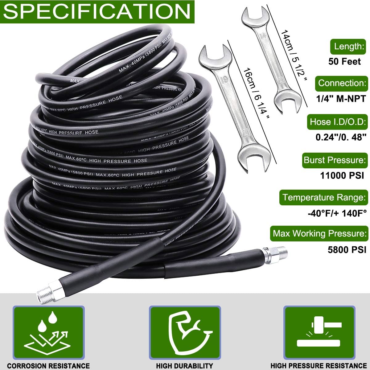 Sewer Jetter Kit 100FT for Pressure Washer, 5800PSI Drain Cleaner Hose 1/4 Inch NPT, Corner, Rotating and Button Nose Sewer Jetting Nozzle Spanner Waterproof Tape Pearl Corsage Pin Pack of 2