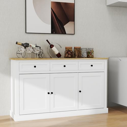 Buffet Cabinet Storage Sideboard Farmhouse Server Bar Wine Cabinet with 3 Drawers & 3 Doors Adjustable Shelves for Dining Living Room White