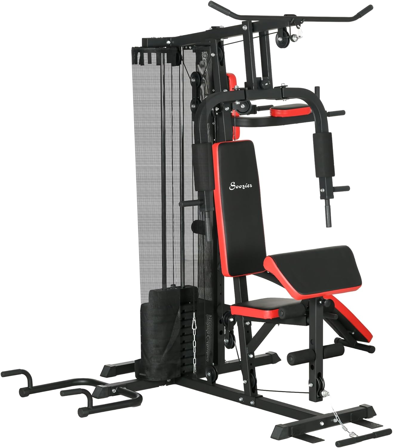 Soozier Multi Gym Workout Station with 143lbs Weight Stack, Home Gym Equipment with Sit up Bench, Push up Stand, Dip Station, Adjustable, for Full Body Strength Training