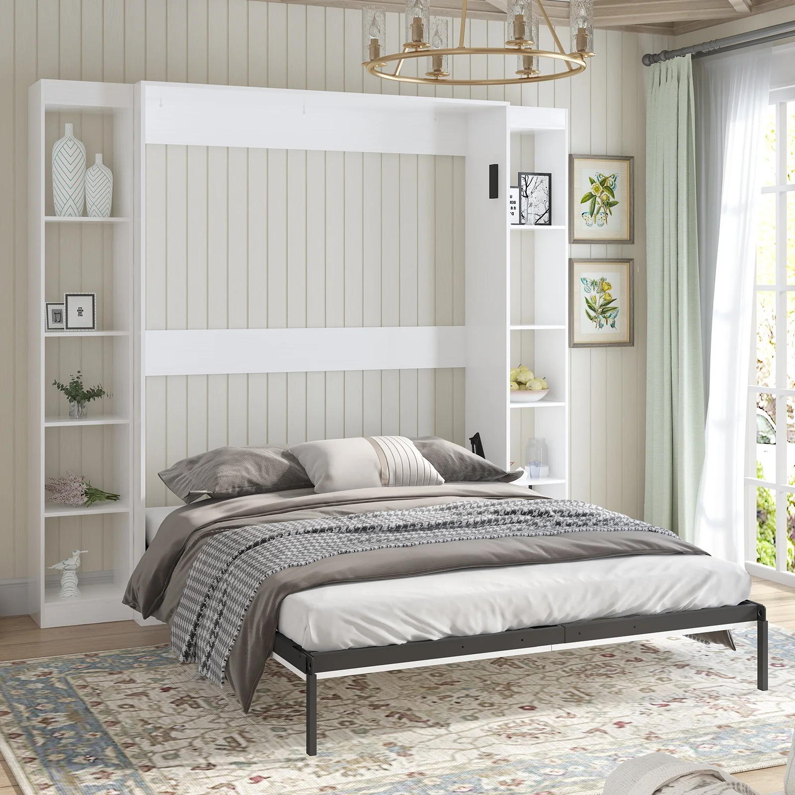 MUZZ Foldable Murphy Bed with 2 Side Cabinets, Folding Wall Bed with Space Saving Design, Fold up Murphy Bed Cabinet for Storage, Multipurpose Cabinet Bed for Bedroom/Apartment (Style6+2,White)