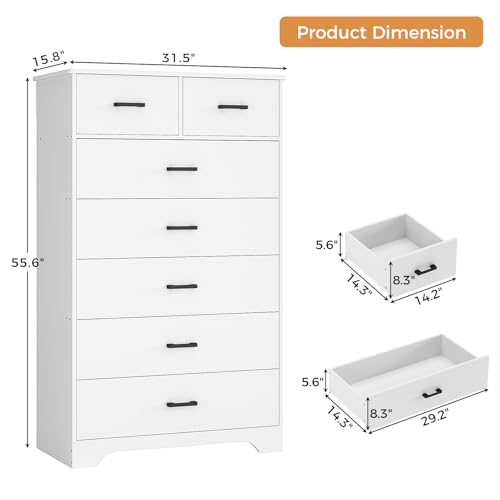 Hasuit Tall Dresser for Bedroom, White Large Chest of Drawers, 55.6'' High Dressers with 7 Drawers, Modern Wooden Vertical Storage Clothes Closet Organizer