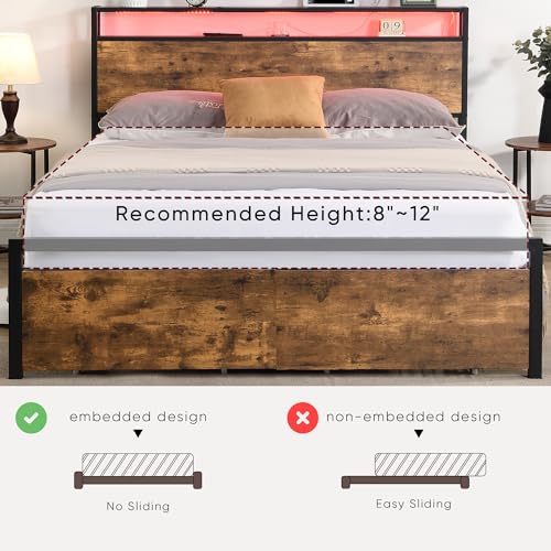 Full Size Bed Frames with 2-tier Shelves Headboard, Storage Drawers & LED Lights, LED Bed Frame w/USB Ports & Outlets, Platform Bed Metal Slats Mattress Foundation No Box Spring Needed