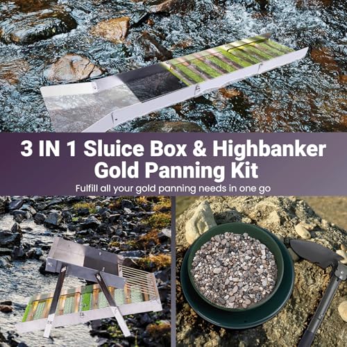 3 in 1 Highbanker Gold Panning Kit, Deformable 50" Folding Gold Sluice Box, Portable Mining Equipment for Adults, 34pcs Includes Gold Pan, Classifier Screen, Magnet, Backpack & Accessories