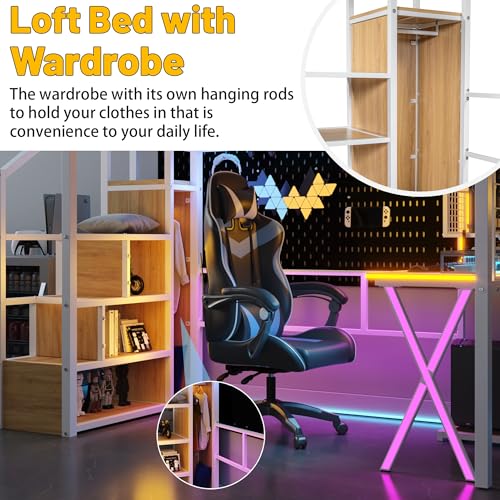 Full Size Loft Bed with Desk and Stairs,Metal Gaming Loft Bed Full with Wardrobe and Shelf, High Loft Bed with LED & USB Charging Station for Teens, Adults, Space Saving Design,Black
