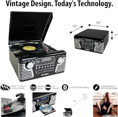 Victrola Haley Retro Bluetooth Record Player & Multimedia Center with Built-in Speakers - 3-Speed Turntable, CD Player, AM/FM Radio, 3.5mm Aux-In, Wireless Music Streaming, Black