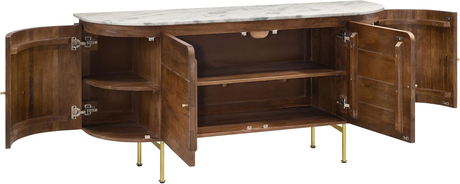 Benjara Evi 63 Inch Dining Sideboard Server, Curved Marble Top, White, Brown and Brass