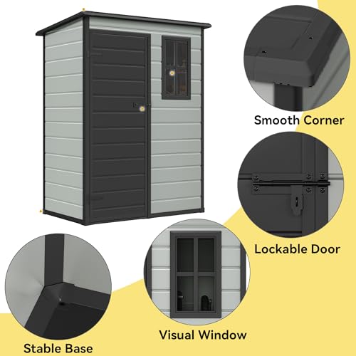 DWVO 5x3 FT Outdoor Storage Shed with Floor, All-Weather Resin Storage Shed with Lockable Door & Window, Waterproof Plastic Tool Storage for Garden, Backyard, Patio, Lawn, Blue-Gray