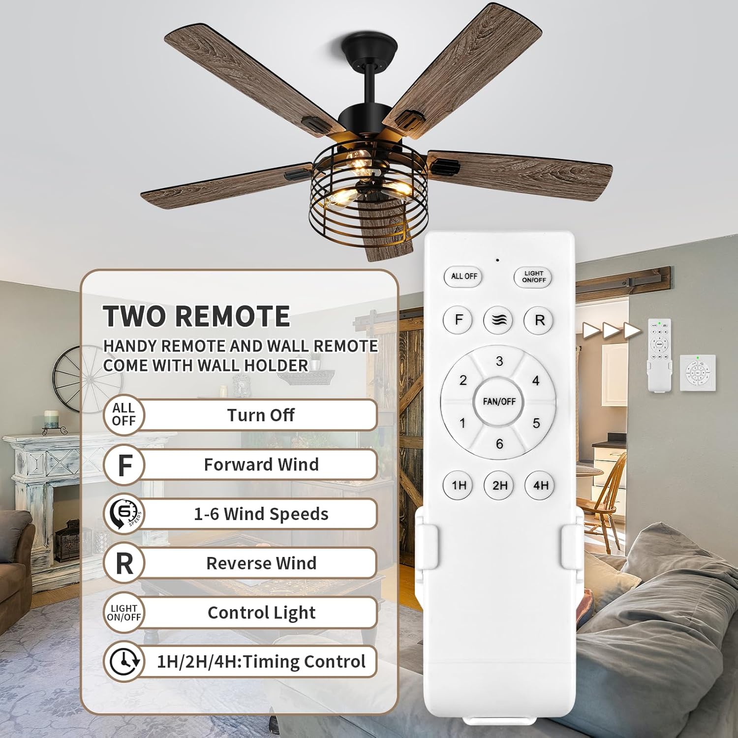 52 Inch Farmhouse Ceiling Fan with Light and Remote,3-Lights Rustic Ceiling Fan with Caged Ceiling Fan,5 Dual Finish Blades,Industrial Black Ceiling Fan for Bedroom, Patio, Living Room