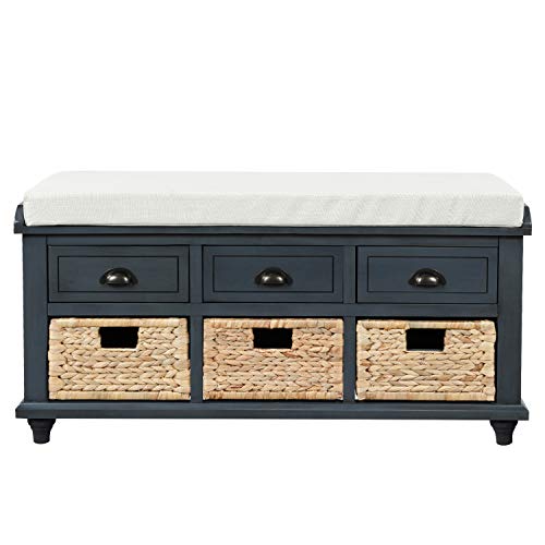 Wood Shoe Storage Benches with Cushion, Removable 2 Drawers for Entryway Livingroom Mudroom, Navy, 1 Rattan Baskets